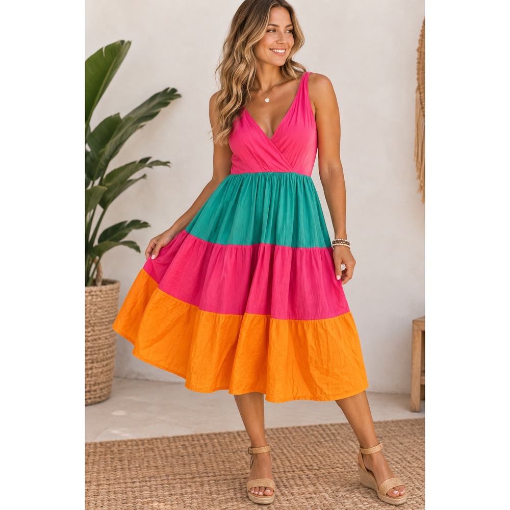 Mira Women Pink Green Orange Colorblock Cotton Tiered V-Neck Midi Dress Large